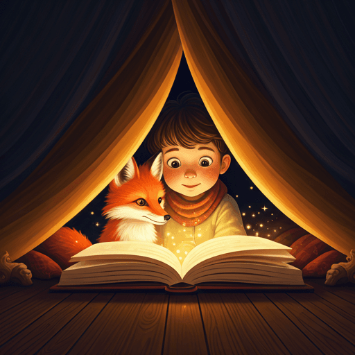 A child and a friendly glowing fox reading a luminous storybook inside a cozy blanket fort