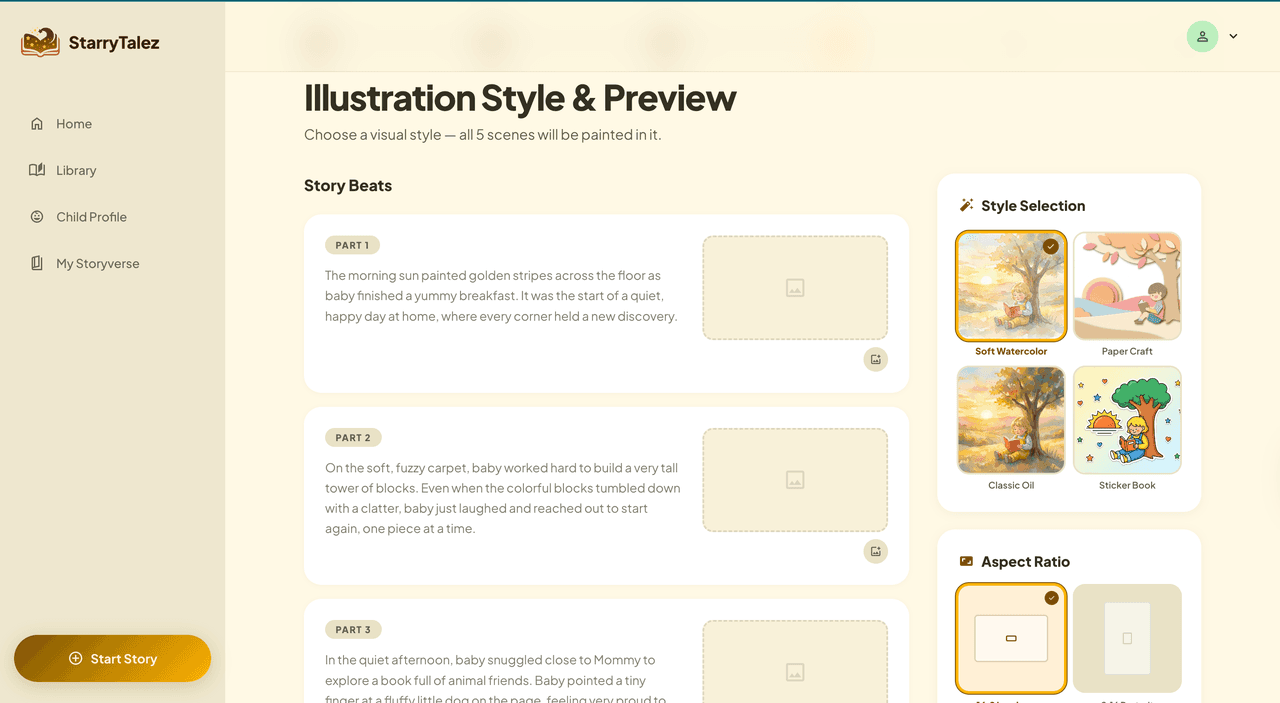 StarryTalez illustration style and preview screen